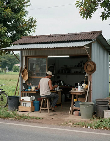 Man selling coffee in a coffee shop in the countryside.の写真素材