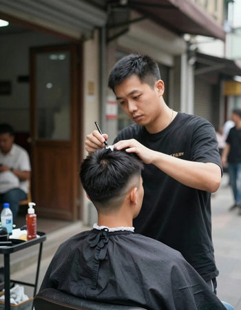 Male hairdresser cutting hair of young man in a barber shop
