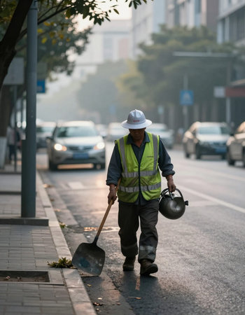 Unidentified worker cleans the street.の写真素材