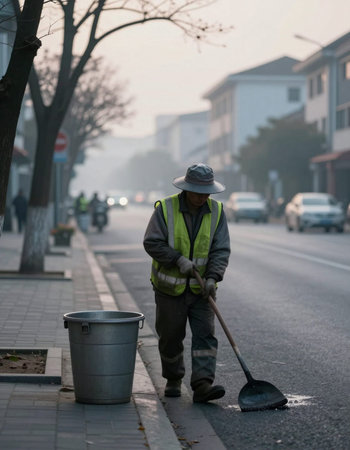 street sweeper cleaning the street in the early morning with a bucketの写真素材