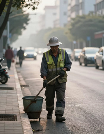 Unidentified worker is cleaning the street.の写真素材