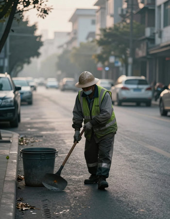 Unidentified worker cleaning the street.の写真素材