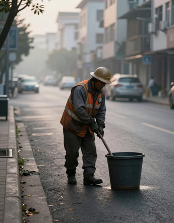 Worker cleaning the street with a mop in the morning.の写真素材