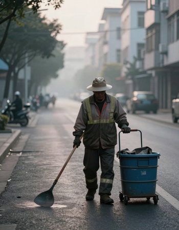 Unidentified man cleaning the street.の写真素材