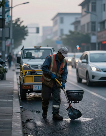 Unidentified worker cleaning the road.