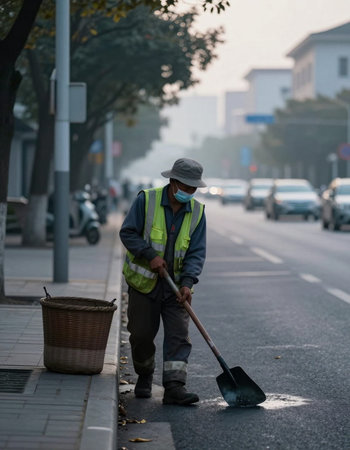 Worker cleaning the street in the morning.の写真素材