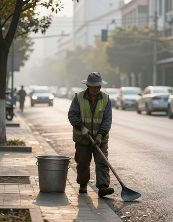 Unidentified worker cleaning the street.の写真素材
