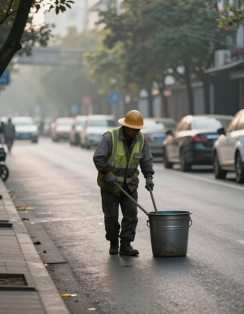Worker cleaning the street with mop and bucket in the cityの写真素材