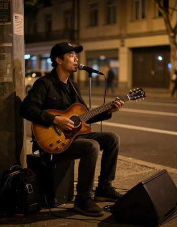 Street musician playing guitar on the street at night