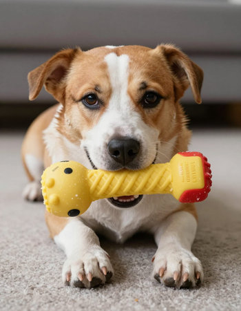 Funny dog playing with a toy on the floor at home