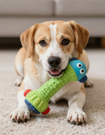 Portrait of a cute beagle dog playing with a toy at homeの写真素材