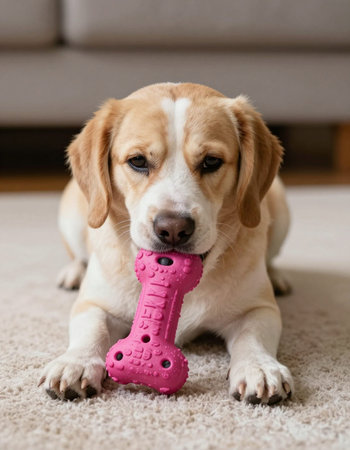 Cute beagle dog playing with a pink toy at home.