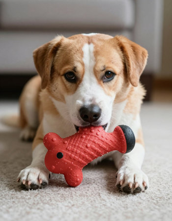 Cute beagle puppy with toy on the floor at home.の写真素材