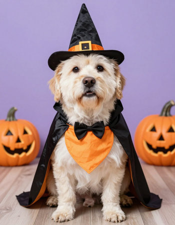 Cute dog in costume for halloween at home on color background