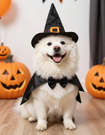 Cute Samoyed dog dressed up as a witch for Halloween