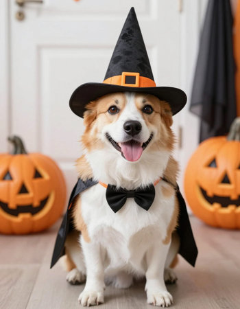 Cute Welsh corgi dog in witch costume on halloweenの写真素材