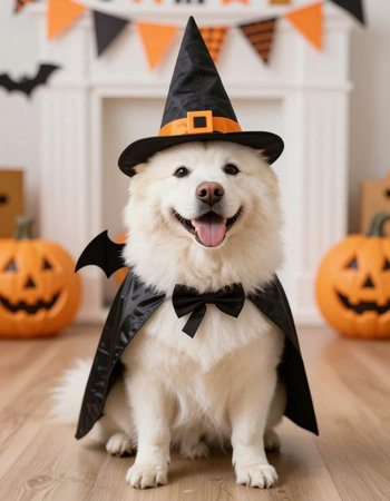 Cute dog in halloween costume on floor, on home interior background