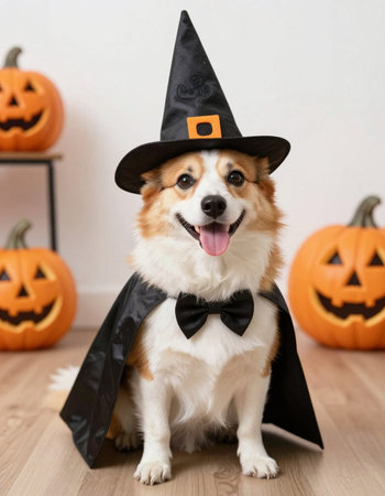 Cute Welsh corgi dog in witch costume on halloweenの写真素材