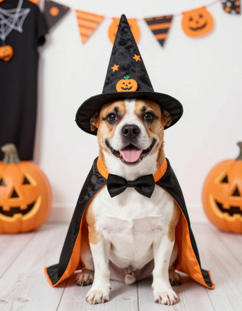 Jack Russell Terrier in a Halloween costume with a pumpkin on a white backgroundの写真素材