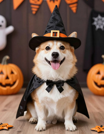 Cute Welsh corgi dog wearing witch costume for halloween