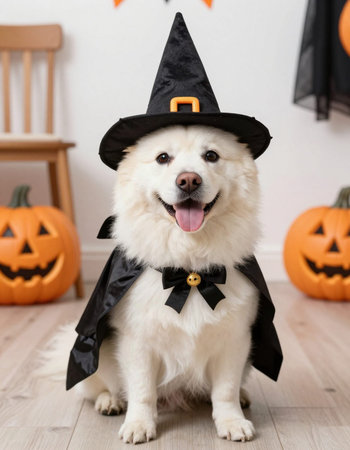 Cute Samoyed dog in witch costume at halloweenの写真素材