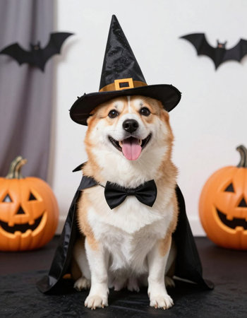 Cute Welsh corgi dog in witch costume for Halloween celebration.の写真素材
