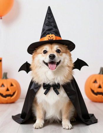 Cute Welsh Corgi dog in halloween costume at home