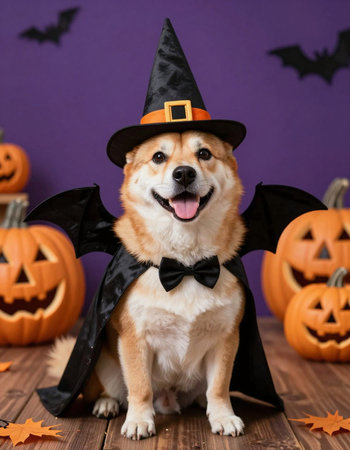 Cute Welsh corgi dog in halloween costume on wooden floor