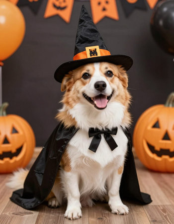 Welsh corgi dog wearing a witch's hat and costume for Halloween