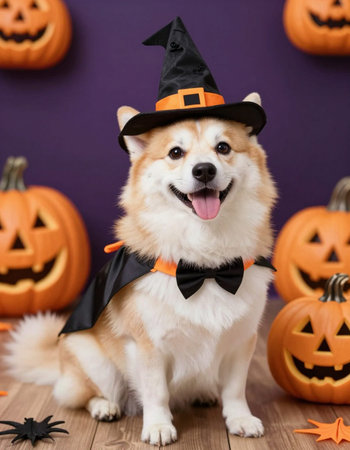 Cute Welsh corgi dog in witch costume for halloween
