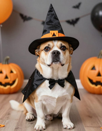 Adorable dog in halloween costume with pumpkin and bats on background