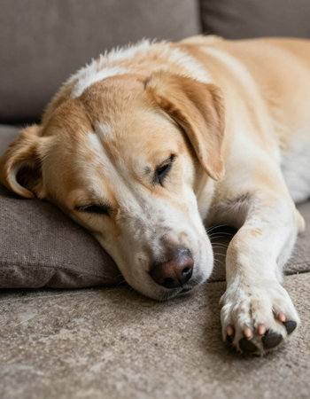 Dog sleeping on sofa at home, selective focus