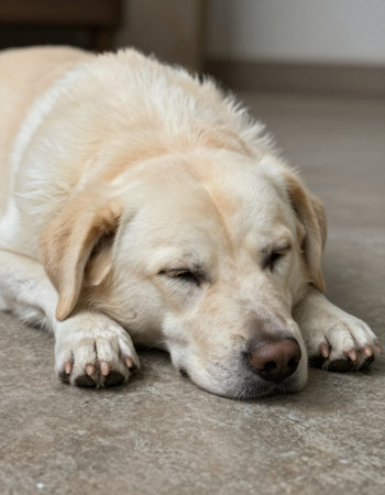 Labrador retriever dog sleeping on the floor in the house.