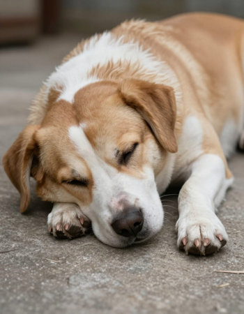 Dog sleeping on the floor. Selective focus and small depth of field.の写真素材