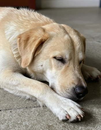 Retriever dog lying on the floor in the house