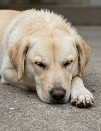 yellow labrador retriever lying on the ground, closeup of photo