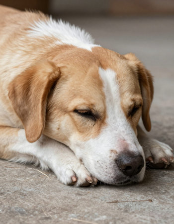 Dog sleeping on cement floor, selective focus on the dog head.