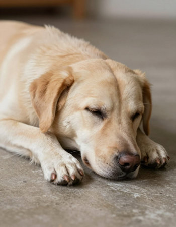 Labrador Retriever lying on the floor, close-up