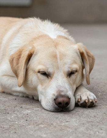 Labrador retriever dog sleeping on the ground in the park.の写真素材