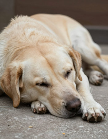 Labrador retriever lying on the floor, closeup of photoの写真素材