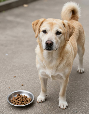 Cute labrador retriever dog looking at the bowl of food