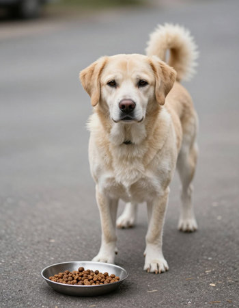 Labrador retriever dog with bowl of dry food on the street