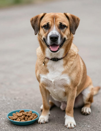 Portrait of a mixed breed dog with bowl of dry food outdoorsの写真素材