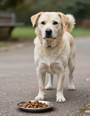 Labrador Retriever dog with bowl of food in the park