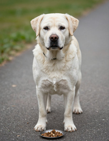 Labrador retriever dog eating food in the park. Selective focus.