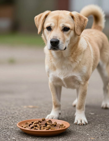 Labrador Retriever dog with bowl of dry food in the garden
