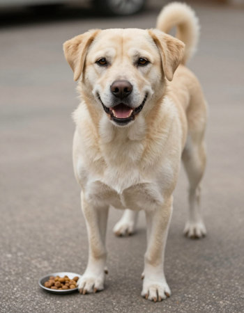 Labrador retriever dog with bowl of dry food in the parkの写真素材