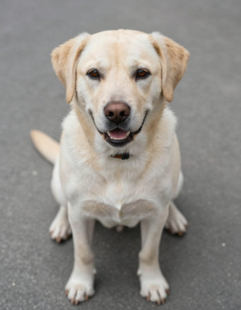 Labrador retriever sitting on the floor, shallow depth of fieldの写真素材