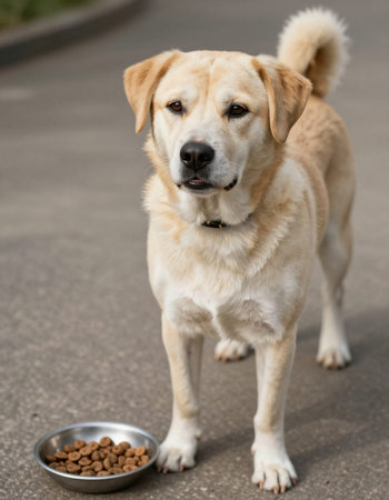 Labrador retriever dog with bowl of dry food on the street