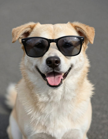 Portrait of a cute dog wearing sunglasses on a grey background.